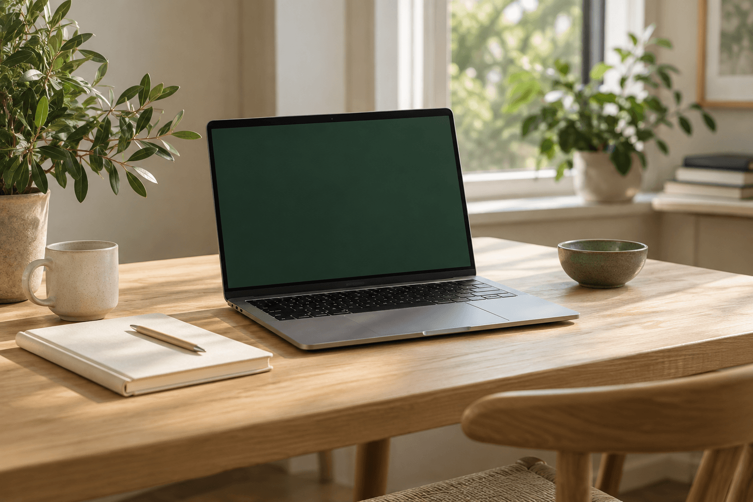 En bærbar computer på et lyst skrivebord